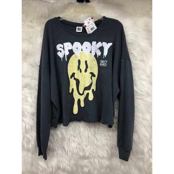 NWT Spooky Smiley World Cropped, Fleece lined Sweatshirt, Melting Smiley  SZ XXL - Picture 1 of 8